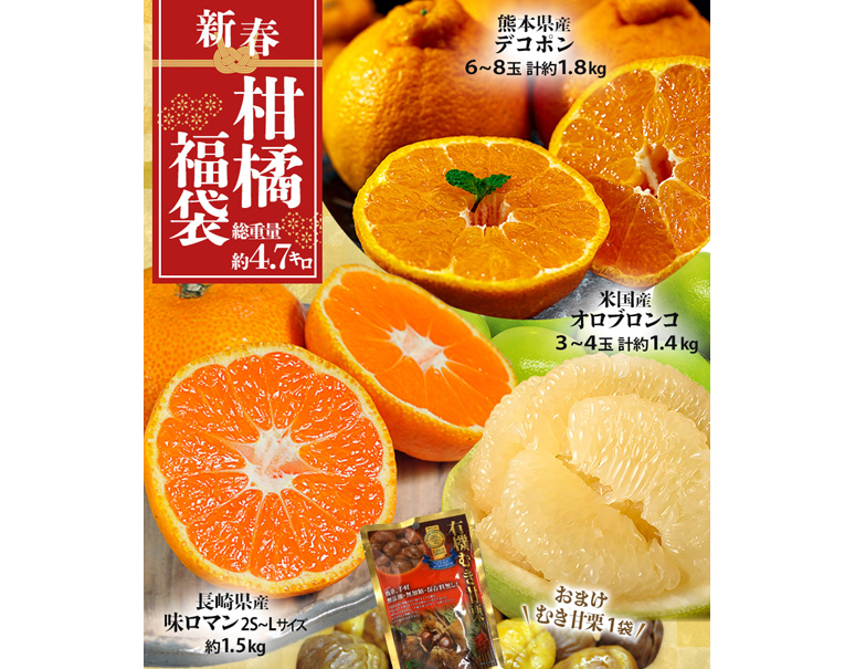 新年最初の『柑橘福袋』熊本デコポンを一足、先に楽しめる！/残り僅か！ジューシー＆柔らか果肉の柑橘『天草オレンジ』/三ケ日みかん